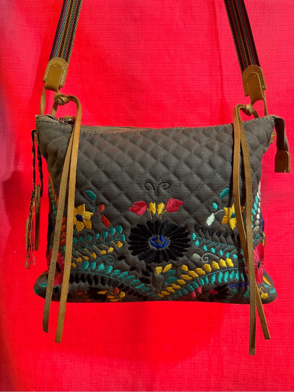 Consuela Gray Quilted Crossbody with Multicolor Floral Embroidery